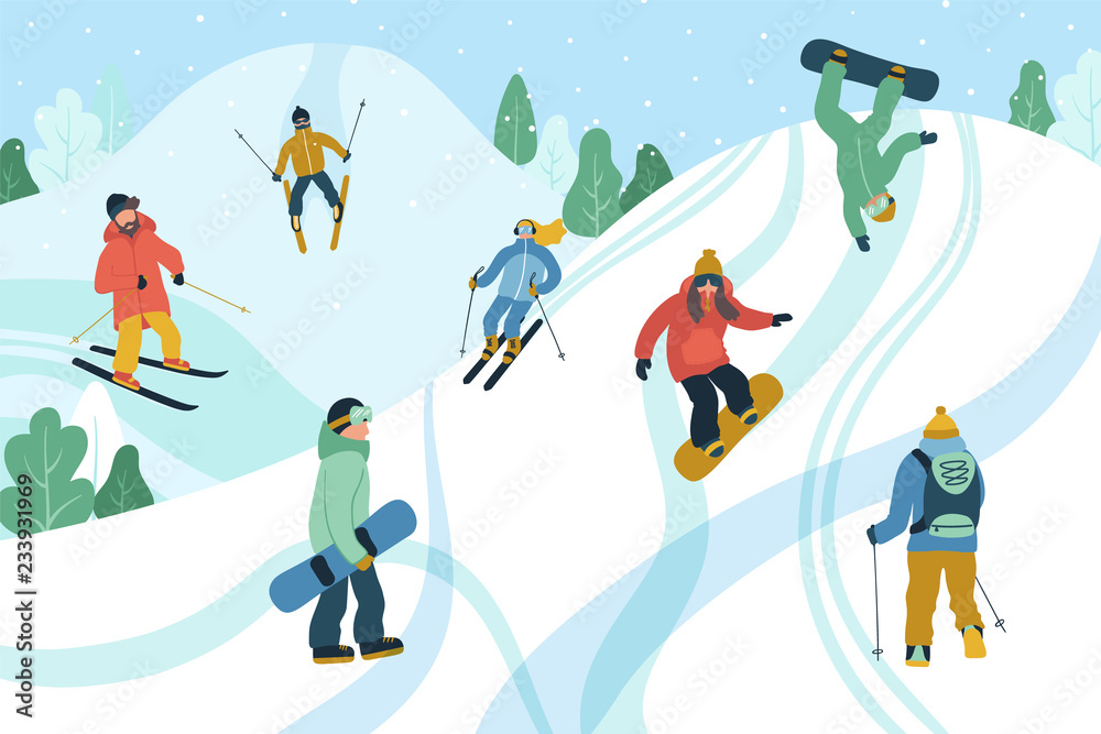 Fototapeta premium Illustration with young people at mountain resort. Skiing and snowboarding. Winter season vector design.