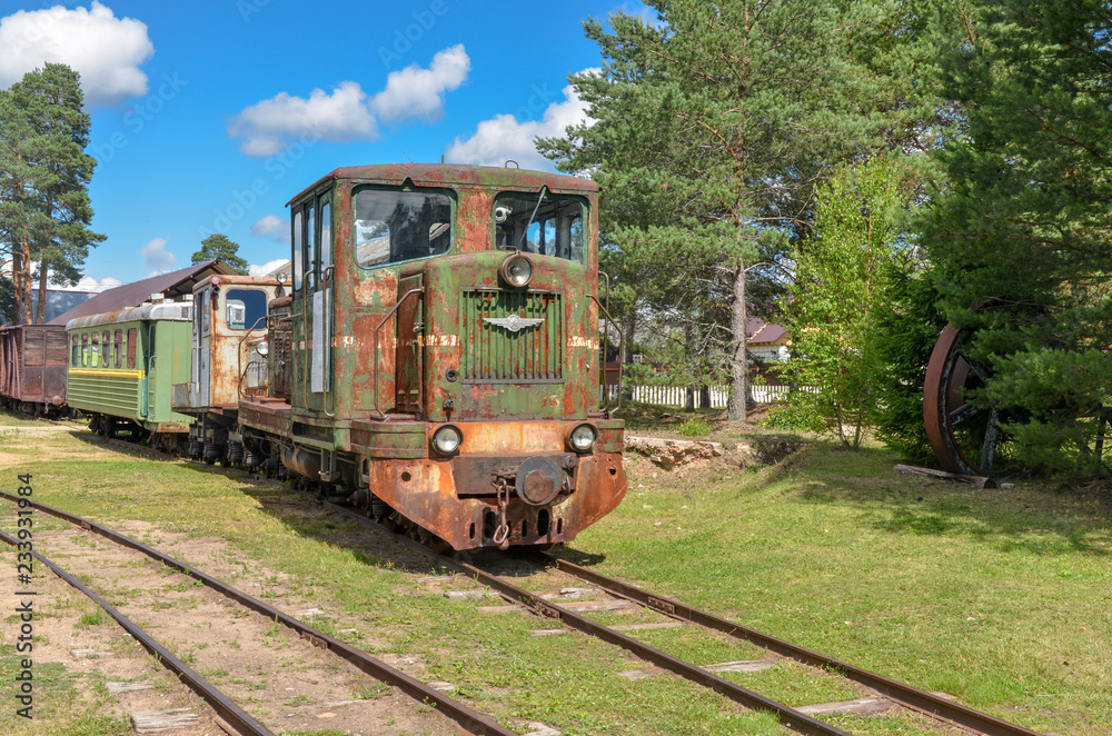 old rusty train on the narrow gauge near Pereslavl-Zalessky, Yaroslavl region, Russia
