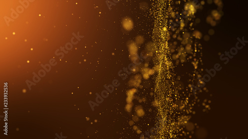 gold digital abstract background with wave particles, glow sparkles and space with depth of field. Particles form lines, surface and grid.