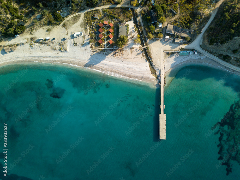 Aerial view of Bunec beach, Piqeras in South Albania.  Beautiful beach in the Albanian Rivieria in autumn