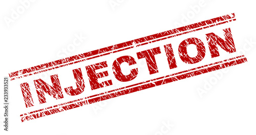 INJECTION seal stamp with distress texture. Red vector rubber print of INJECTION label with unclean texture. Text label is placed between double parallel lines.