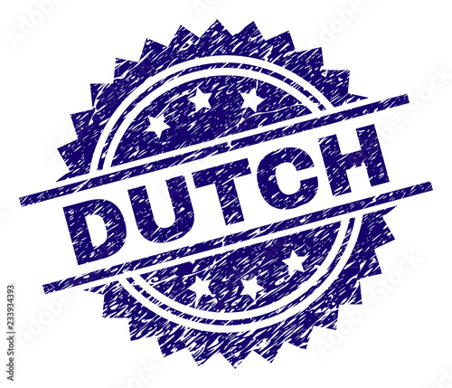 DUTCH stamp seal watermark with distress style. Blue vector rubber print of DUTCH label with unclean texture.