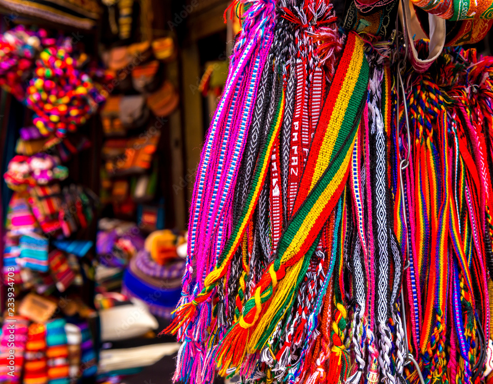 Different colorful laces on the souvenir store in Bolivia