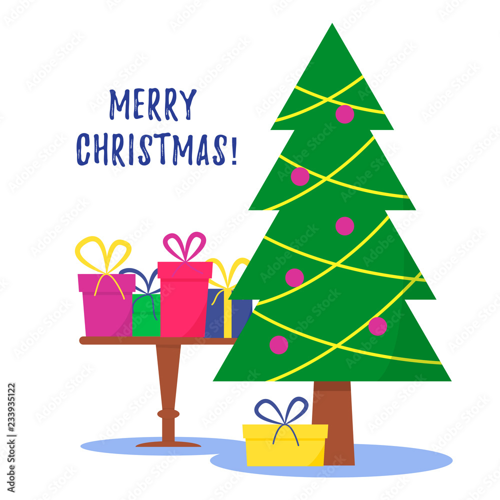 Naklejka premium Merry Christmas card with gifts on the table, lettering and Christmas tree. Vector illustration.