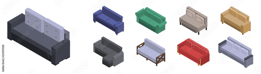 Sofa icon set. Isometric set of sofa vector icons for web design isolated on white background Sofa icon set. Isometric set of sofa vector icons for web design isolated on white background