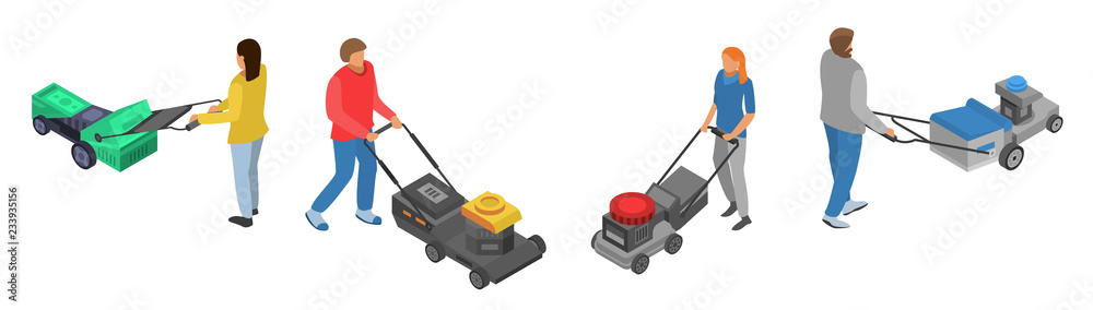 Fototapeta premium Lawnmower icon set. Isometric set of lawnmower vector icons for web design isolated on white background