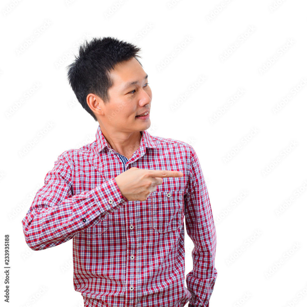 Portrait of asian man points with finger to camera right on white background Portrait of asian man points with finger to camera right on white background