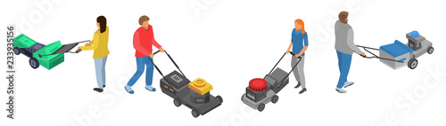 Lawnmower icon set. Isometric set of lawnmower vector icons for web design isolated on white background