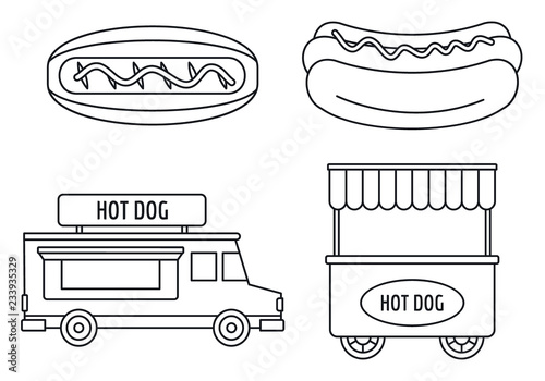 Hot dog shop cart icon set. Outline set of hot dog shop cart vector icons for web design isolated on white background