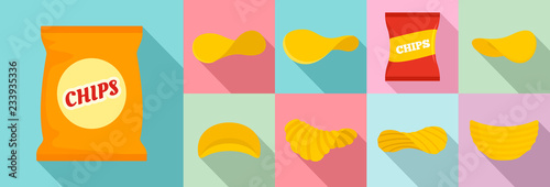 Chips potato icon set. Flat set of chips potato vector icons for web design photo