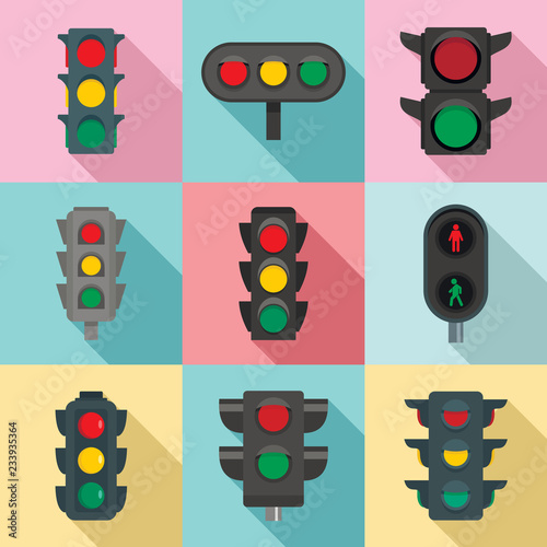 Traffic lights icon set. Flat set of traffic lights vector icons for web design