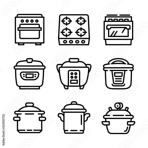 Cooker icon set. Outline set of cooker vector icons for web design isolated on white background