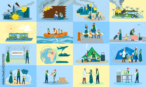 Migrant banner set. Flat illustration of migrant vector banner set for web design