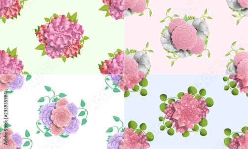 Camellia flower pattern set. Cartoon illustration of camellia flower vector pattern set for web design
