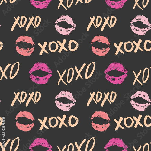 XOXO brush lettering signs seamless pattern, Grunge calligraphic hugs and kisses Phrase, Internet slang abbreviation XOXO symbols, vector illustration isolated on white background