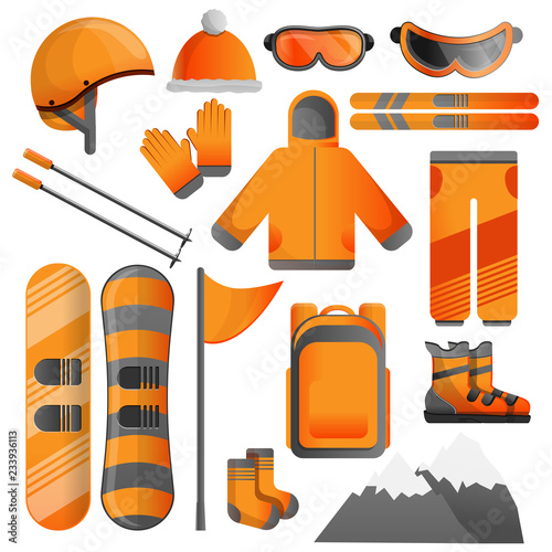 Snowboarding equipment icon set. Cartoon set of snowboarding equipment vector icons for web design