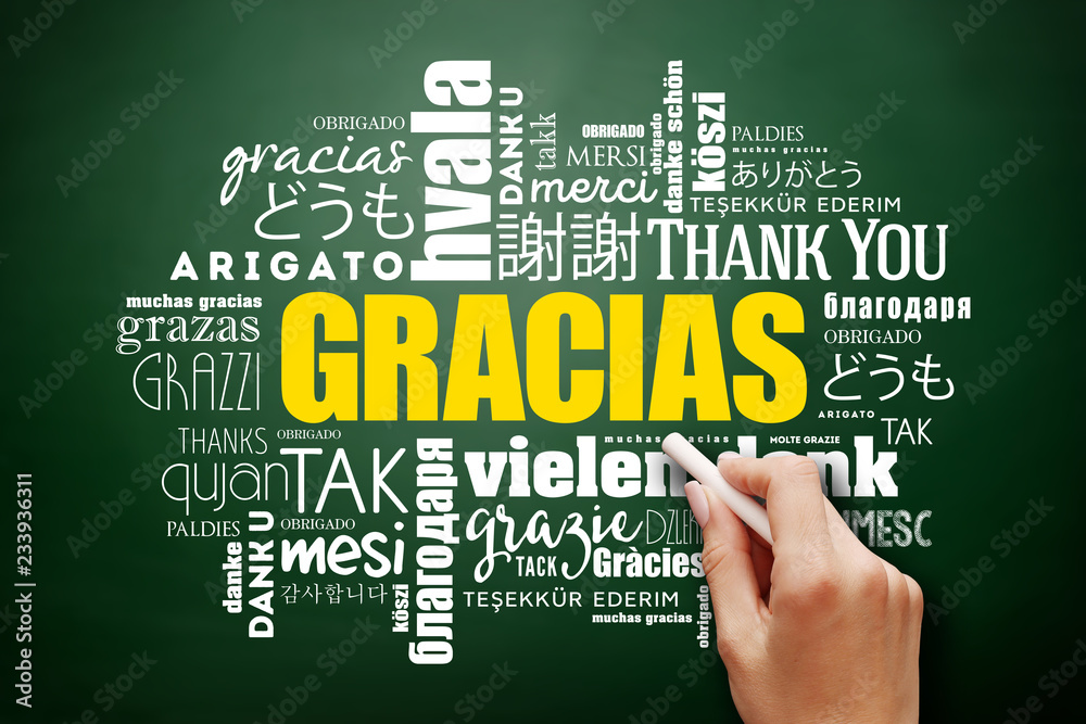Gracias (Thank You in Spanish) Word Cloud on blackboard, all languages, multilingual for education Gracias (Thank You in Spanish) Word Cloud on blackboard, all languages, multilingual for education