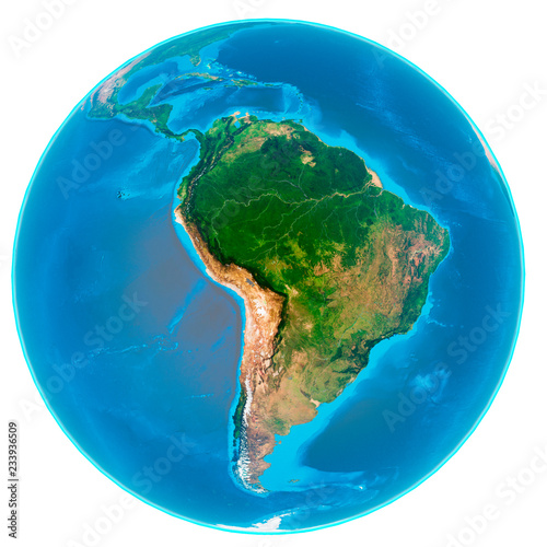 3d illustration of our planet Earth without and without clouds isolated on white background. Scenic view of South America continent from space. Elements of this image furnished by NASA.