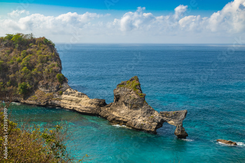 Atuh beach with sea rocks and blue sky at Nusa penida island near Bali. Turquoise ocean landscape, Indonesia