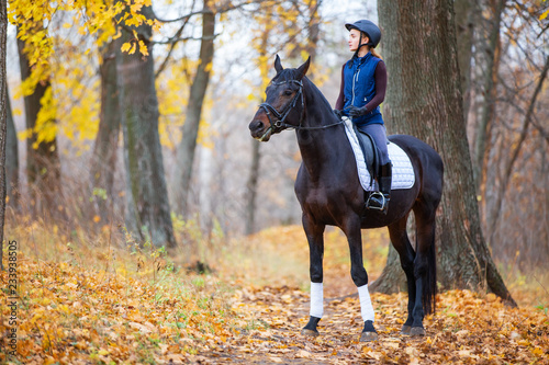 Teenage girl riding horse in autumn park