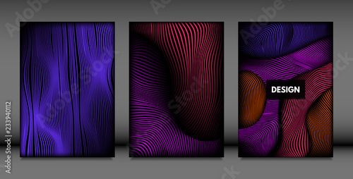 Geometry. Abstract Background Set With Movement and Volume Effect. Covers with Vibrant Gradient and Wavy Lines. Trendy Futuristic Illustration with Distort. Abstract Geometry for Brochure, Business. © ingara