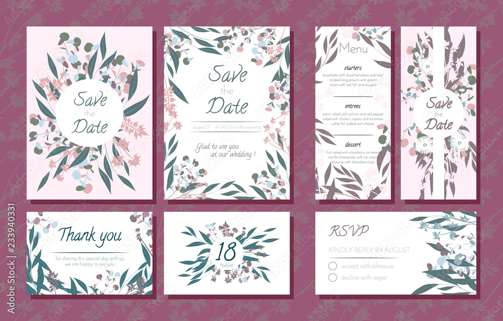 Wedding Card Templates Set with Eucalyptus Branch. Decorative Frames with Leaves, Floral and Herbs Garland. Menu, Rsvp, Label, Invitation with Nature Wreath. Vector Hand Drawn Wedding Cards Isolated.