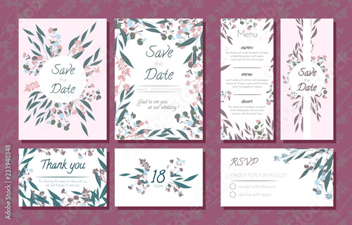 Wedding Card Templates Set with Eucalyptus Branch. Decorative Frames with Leaves  Floral and Herbs Garland. Menu  Rsvp  Label  Invitation with Nature Wreath. Vector Hand Drawn Wedding Cards Isolated.