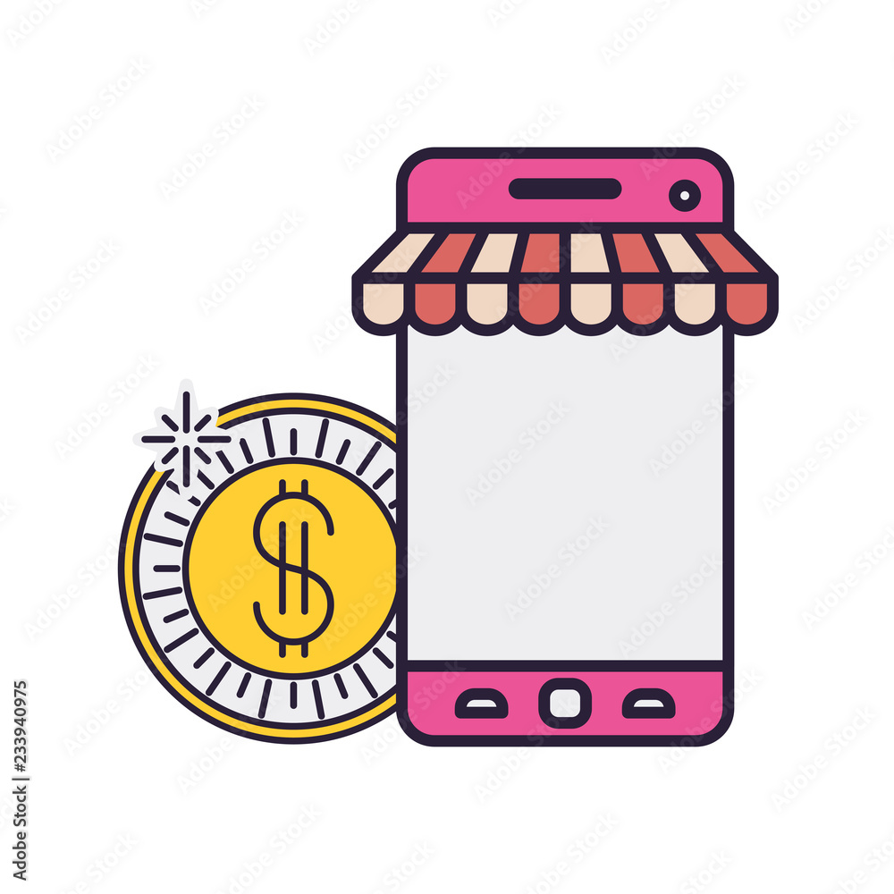 smartphone with tent and coins isolated icon smartphone with tent and coins isolated icon