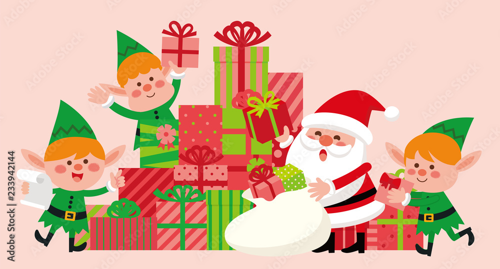 「サンタクロースと妖精とクリスマスのプレゼント」ベクター素材
