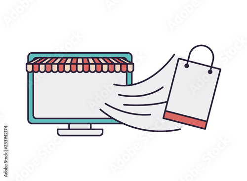computer screen with tent and shopping bag