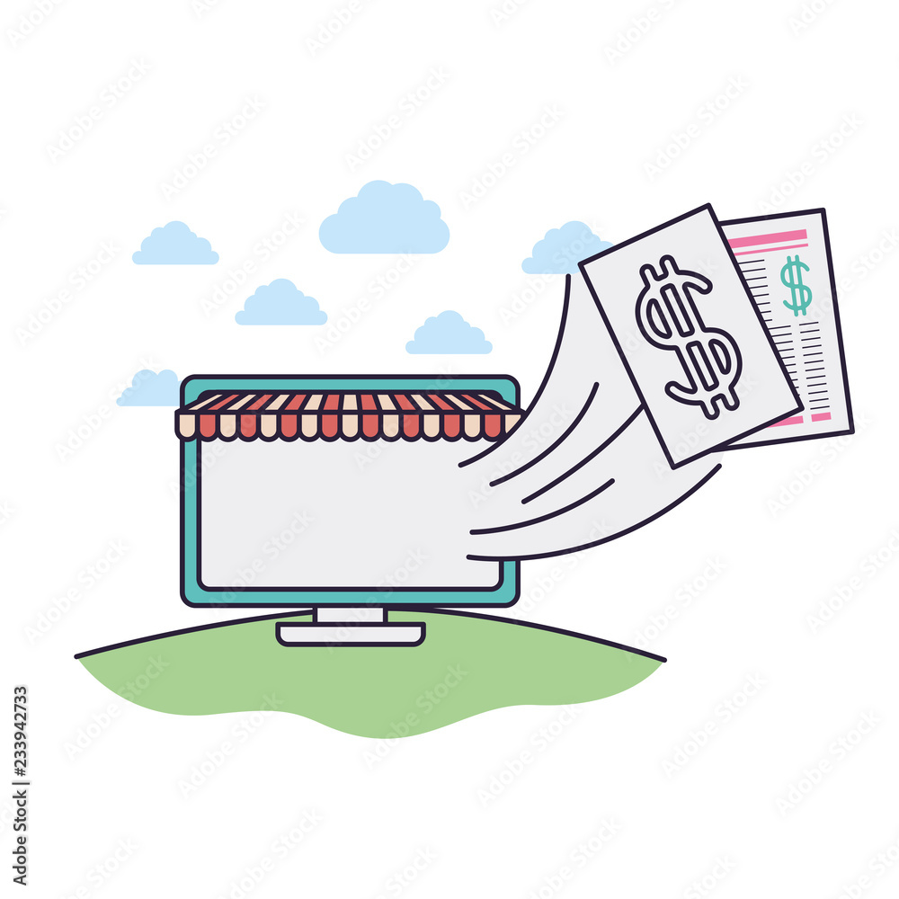 computer with tent and bills