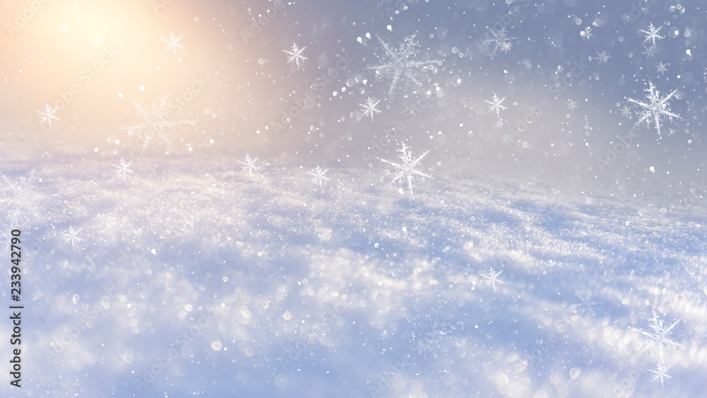 Winter snow background, blue color, snowflakes, Winter snow background, blue color, snowflakes, sunlight, macro.