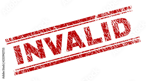 INVALID seal print with corroded texture. Red vector rubber print of INVALID label with dust texture. Text tag is placed between double parallel lines.