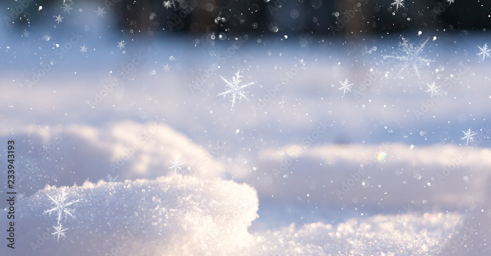 Winter snow background, blue color, snowflakes, Winter snow background, blue color, snowflakes, sunlight, macro.