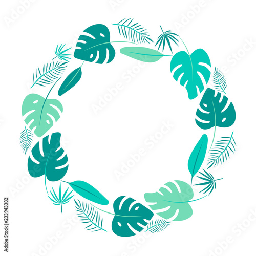 Bright green tropical leaves round frame. Monstera flat illustration.