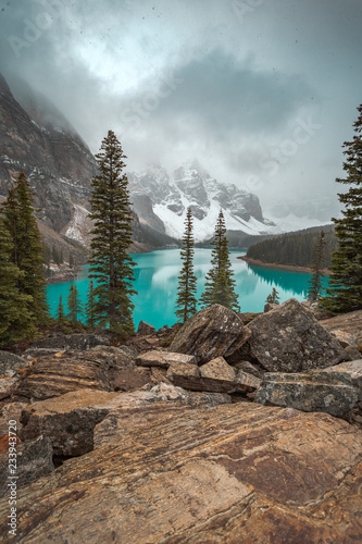 A snowy September day at Moraine Lake, Banff National Park, Alberta, Canada