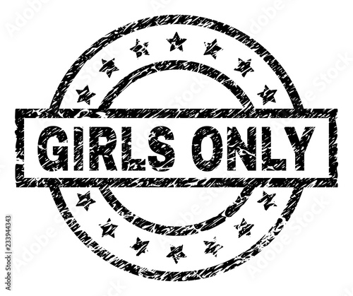 GIRLS ONLY stamp seal watermark with distress style. Designed with rectangle, circles and stars. Black vector rubber print of GIRLS ONLY text with unclean texture.