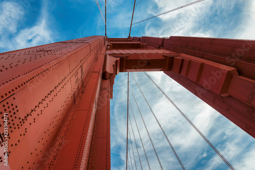A closeup of Golden Gate Bridge, on a sunny day in San Francisco, California.