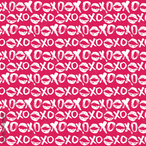 XOXO brush lettering signs seamless pattern, Grunge calligraphic hugs and kisses Phrase, Internet slang abbreviation XOXO symbols, vector illustration isolated on white background