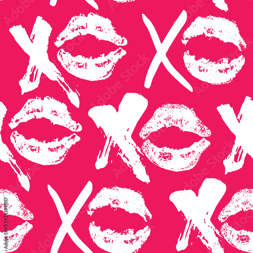 XOXO brush lettering signs seamless pattern, Grunge calligraphic hugs and kisses Phrase, Internet slang abbreviation XOXO symbols, vector illustration isolated on white background
