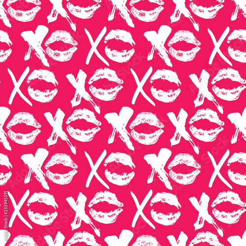 XOXO brush lettering signs seamless pattern, Grunge calligraphic hugs and kisses Phrase, Internet slang abbreviation XOXO symbols, vector illustration isolated on white background