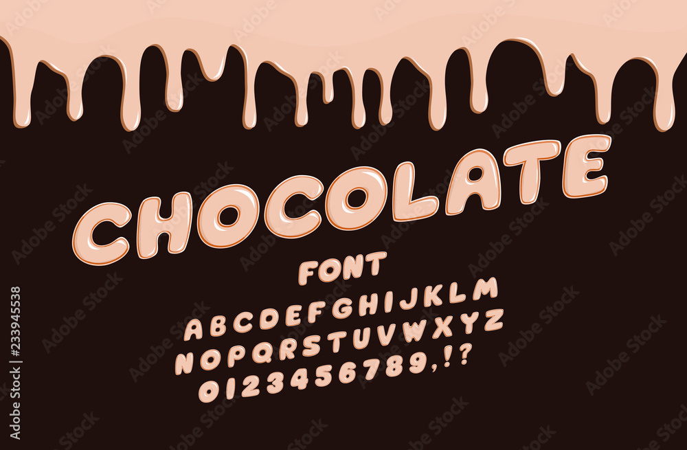 Original chocolate font and drops of dripping chocolate for printing