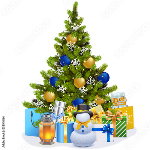 Vector Christmas Fir Tree with Blue Decorations