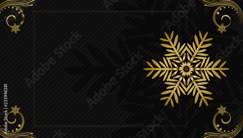 black christmas background with golden ornaments and snowflakes gift looking