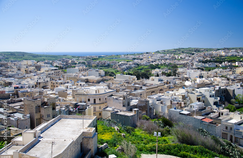 Arial view of green Gozo island, Victoria Rabat town, Malta