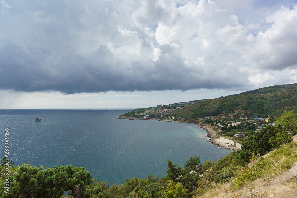 View from the observation deck on the Black sea and the village of Katsiveli in the Crimea on a summer day