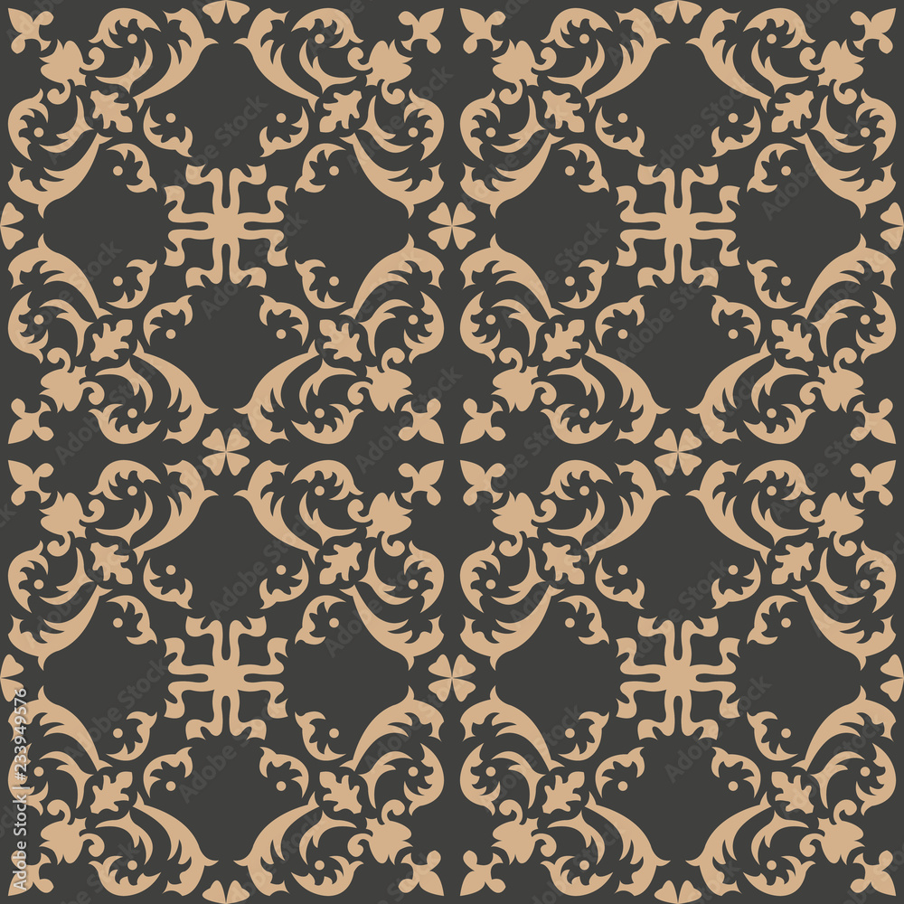 Vector damask seamless retro pattern background spiral curve cross plant leaf vine frame flower