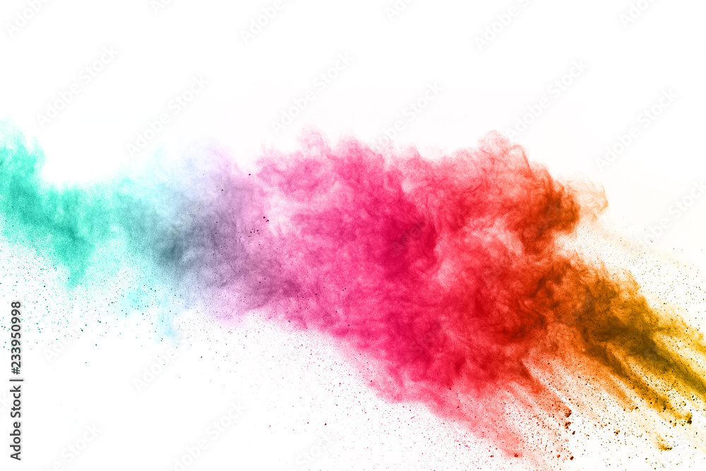 Fototapeta premium abstract powder splatted background. Colorful powder explosion on white background. Colored cloud. Colorful dust explode. Paint Holi.
