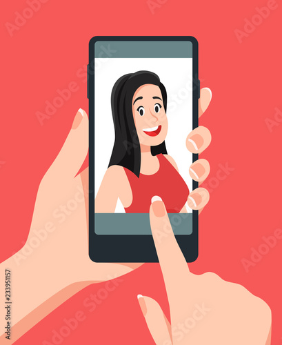 Take face photos. Woman taking selfie on smartphone. Smart phone