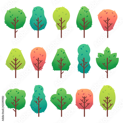 Flat trees set. Garden tree trunk, bush and pine. Nature green landscape vector isolated illustration